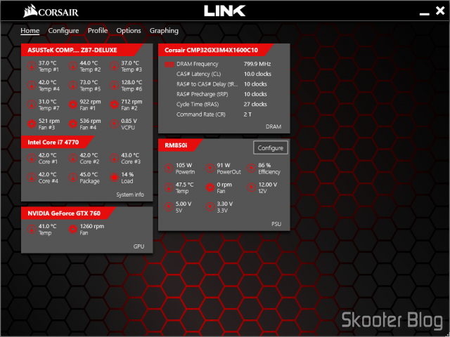 Tela principal do Corsair Link.