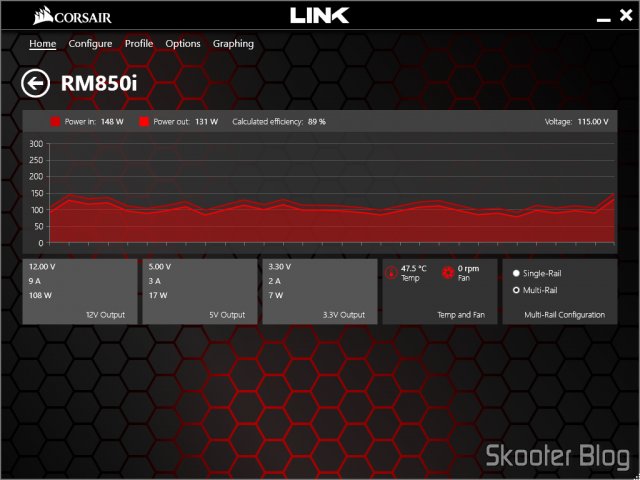 Gráfico e parâmetros da RM850i no Corsair Link.