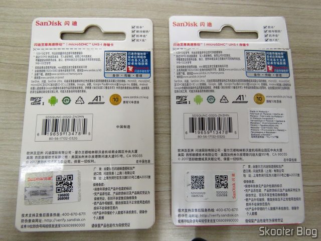 Embalagens dos Cartões Sandisk microSDHC: falsificado à esquerda e original à direita.