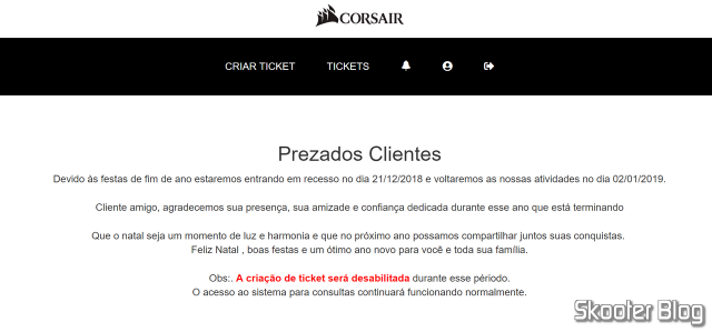 Aviso do recesso do sistema da Corsair.