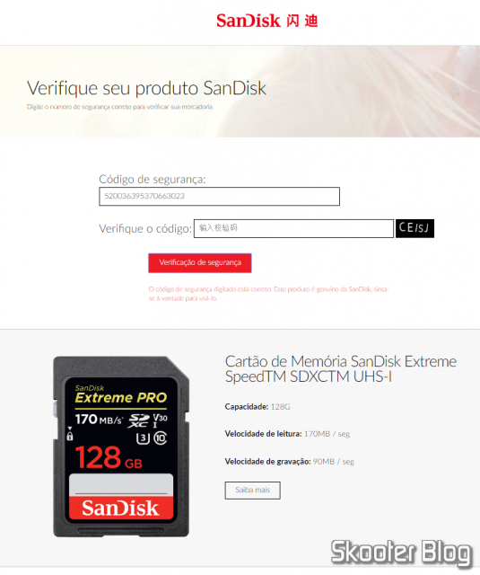 Cartão de Memória SDXC Sandisk Extreme PRO 128GB SpeedTM SDXCTM UHS-1 - Verificação Sandisk.