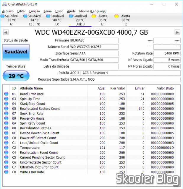 HDD Western Digital Blue 4TB WD40EZR, instalado no PC e identificado pelo CrystalDiskInfo.
