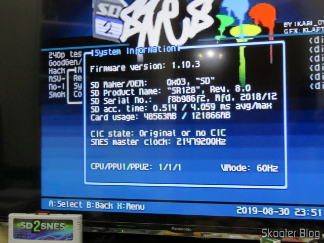 SD2SNES verifica as versões de CPU e PPUs e indica que o console se trata de um 1/1/1.