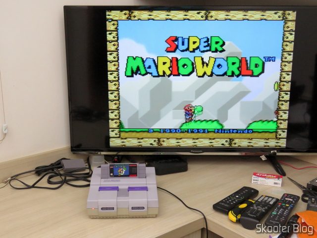 Super Nintendo SHVC-CPU-01 1/1/1 em funcionamento após a limpeza.