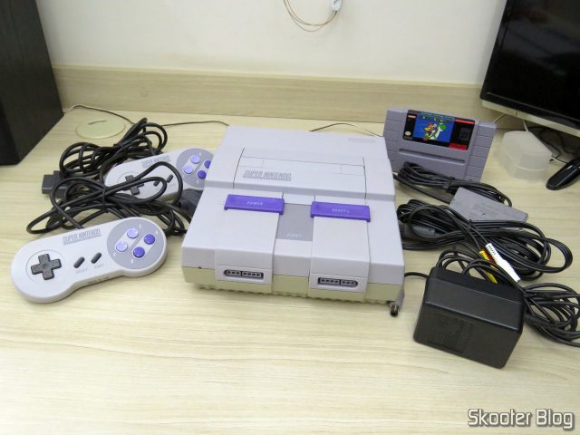 Super Nintendo Original NTSC PCB SHVC-CPU-01 CPU/PPU1/PPU2 1/1/1, e seus acessórios.