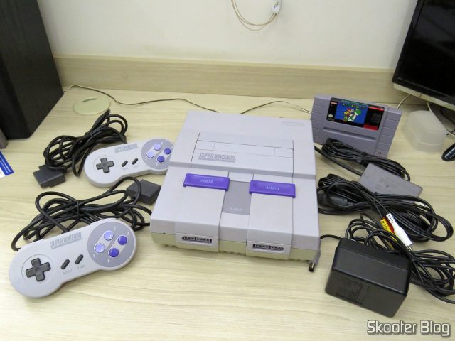 Super Nintendo Original NTSC PCB SHVC-CPU-01 CPU/PPU1/PPU2 1/1/1, e seus acessórios.