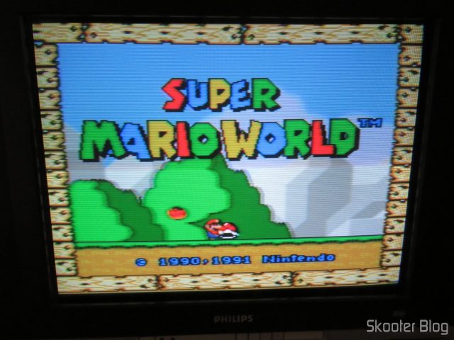 Super Nintendo Original NTSC PCB SHVC-CPU-01 CPU/PPU1/PPU2 1/1/1, conectado na TV CRT.
