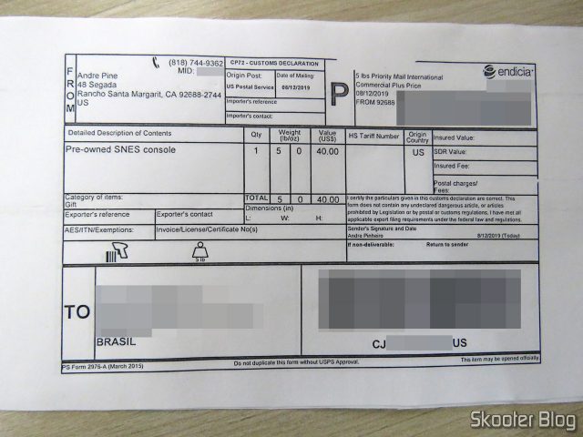 Formulário alfandegário na caixa com o Super Nintendo Original NTSC PCB SHVC-CPU-01 CPU/PPU1/PPU2 2/1/3.