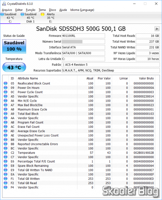 Teste do SSD com o CrystalDiskInfo.