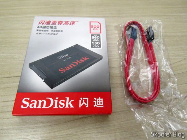 SSD Sandisk ULTRA 3D 500GB 2.5 polegadas SATA III, em sua embalagem, e cabo SATA de brinde.