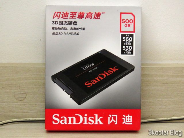SSD Sandisk ULTRA 3D 500GB 2.5 polegadas SATA III, em sua embalagem.