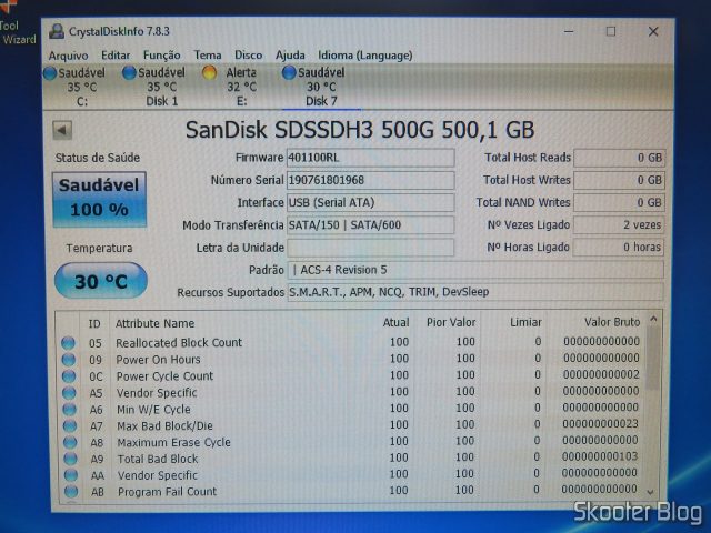 Informações do SSD Sandisk ULTRA 3D 500GB 2.5 polegadas SATA III, logo após a instalação.