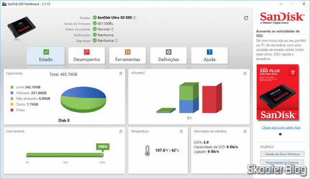 Teste do SSD com o Sandisk SSD Dashboard.