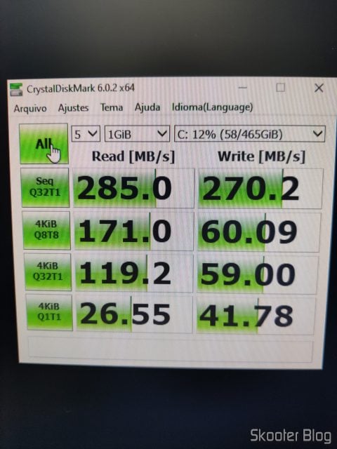Teste do SSD com o CrystalDiskMark.