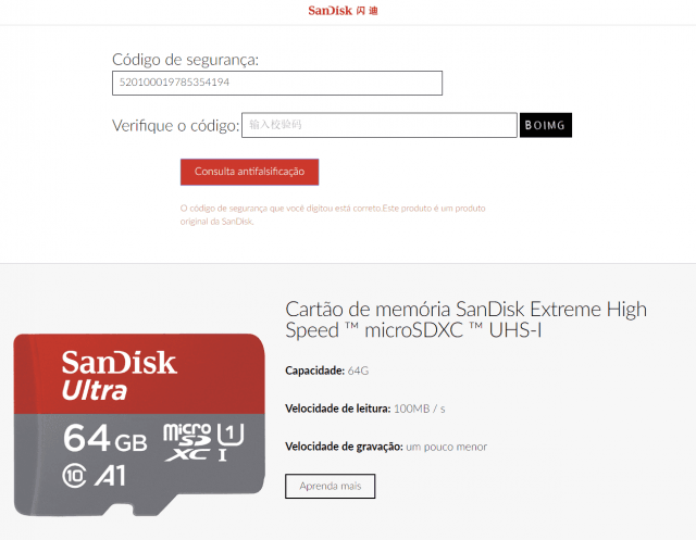 Verificação do Cartão microSDXC Sandisk Ultra 64GB no site da Sandisk: produto genuíno.