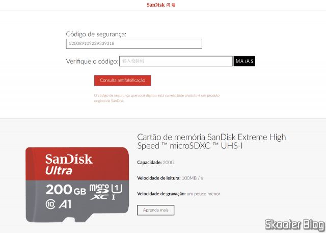Verificação do Cartão microSDXC Sandisk Ultra 200GB no site da Sandisk.