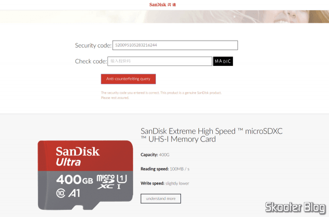 Verificação do Cartão microSDXC Sandisk Ultra 400GB no site da Sandisk.