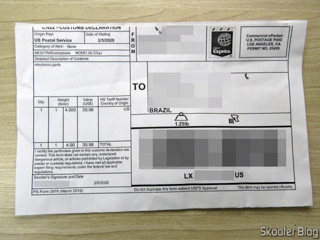 Formulário do USPS no pacote com a DE10-Nano e a Placa de IO c/ o cooler Noctua.
