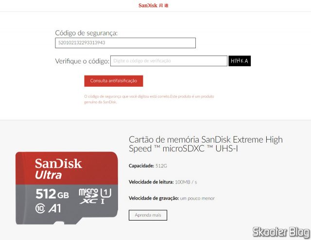 Verificação do Cartão microSDXC Sandisk Ultra 512GB no site da Sandisk.