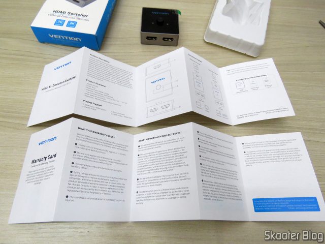 Manual de instruções e Cartão de Garantia do Switch HDMI 2.0 4K Vention Bi-Direcional 2 entradas 1 saída ou 1 entrada 2 saídas.