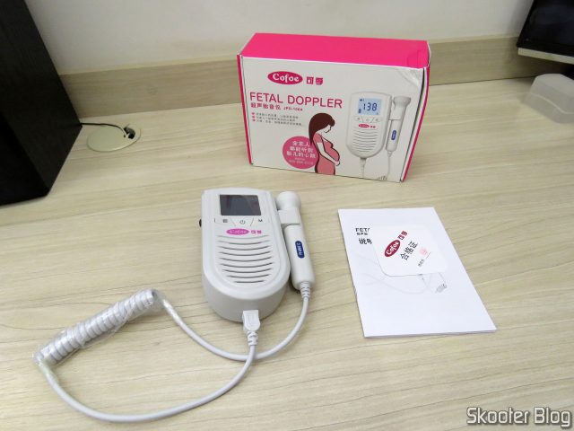 Doppler Fetal Cofoe, embalagem e manual de instruções.