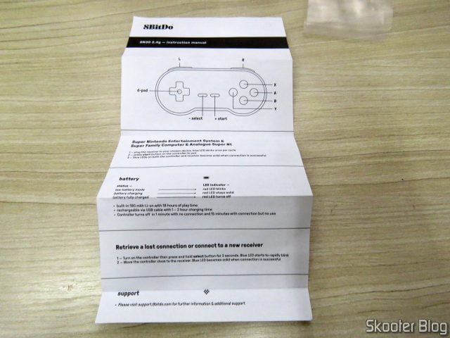 Manual de Instruções do Controlador 8BitDo SN30 Sem Fio 2.4G para Super Nintendo (SNES) Original.