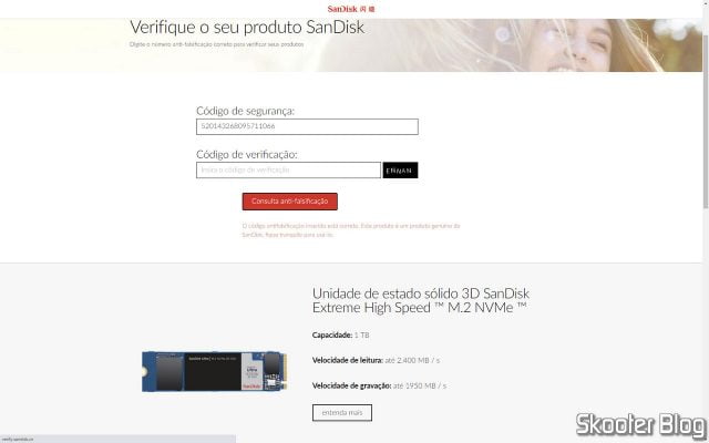 Verificação de Autenticidade no site da Sandisk Chinesa.