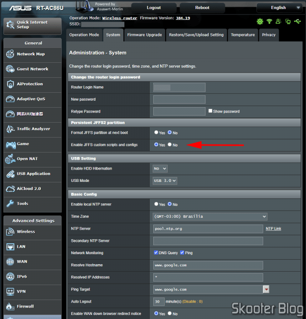 Enable JFFS custom scripts and configs no ASUS RT-AC86U.