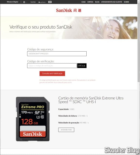 Verificação do Cartão de Memória SanDisk Extreme Pro Ultra Speed ​​SDXC UHS-I 128GB no site da Sandisk.