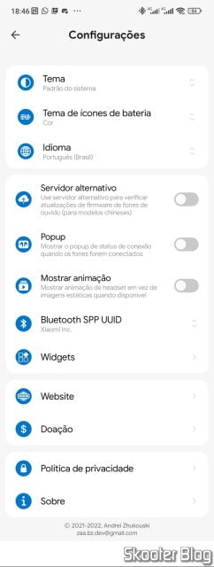 Configurações do Mi Buds M8.