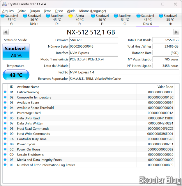 CrystalDiskInfo com os dados do SSD sendo usado como cache.