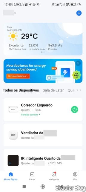 Tela principal do Smart Life, com vários smart switches.
