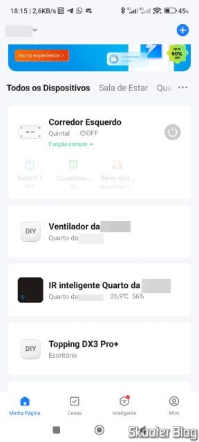 Tela principal do Smart Life, com vários smart switches.