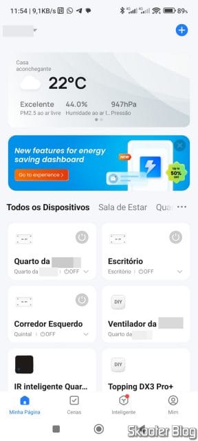 Tela principal do Smart Life, com vários smart switches.