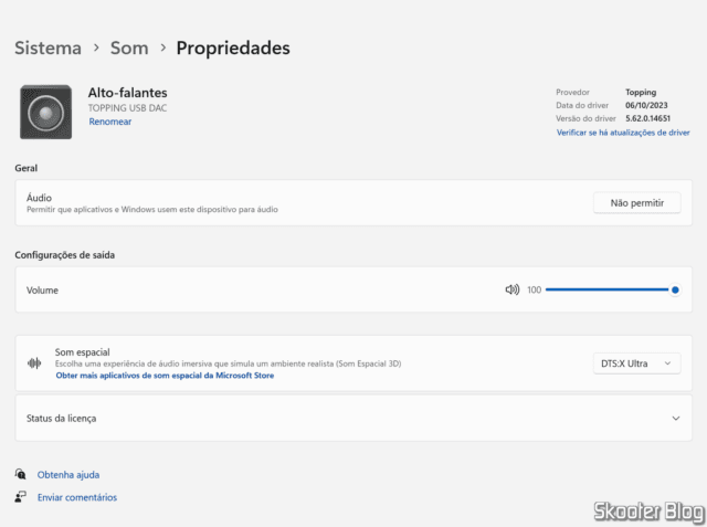 Propriedades do DAC após instalação do driver.