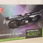 Placa de Vídeo MSI Nvidia GeForce RTX 4060 Ti Gaming X Slim 16GB, em sua embalagem.