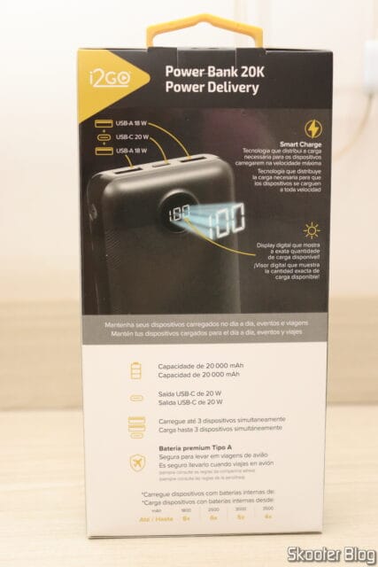 Carregador Portátil Ultra Rápido 20000mAh Power Delivery 20W USB-C I2GO PRO, em sua embalagem.