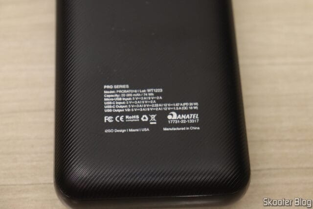 Carregador Portátil Ultra Rápido 20000mAh Power Delivery 20W USB-C I2GO PRO com suas especificações.